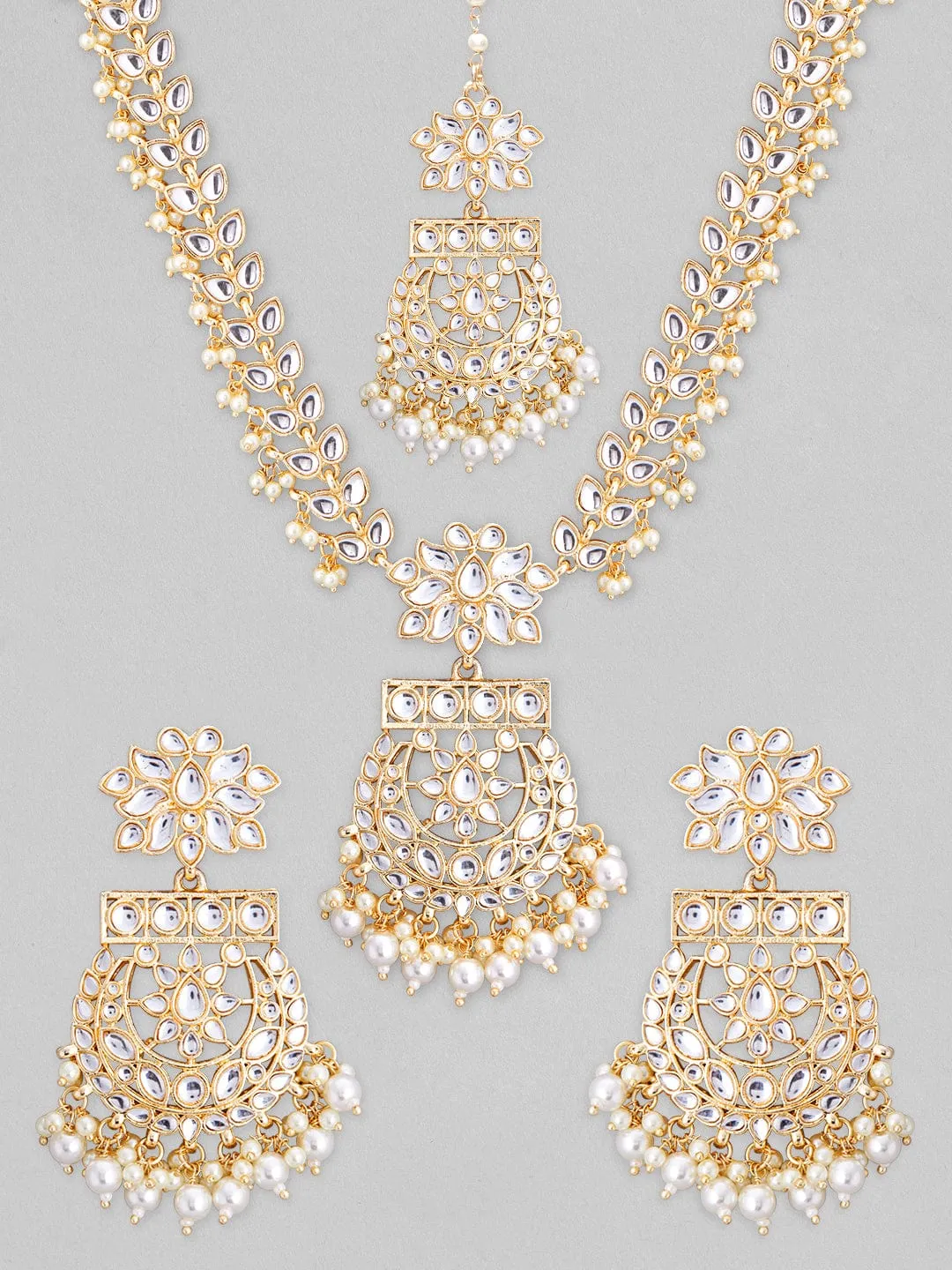 Rubans 22K Gold Plated Kundan Necklace Set With Kundan Studded And Hanging Pearls.