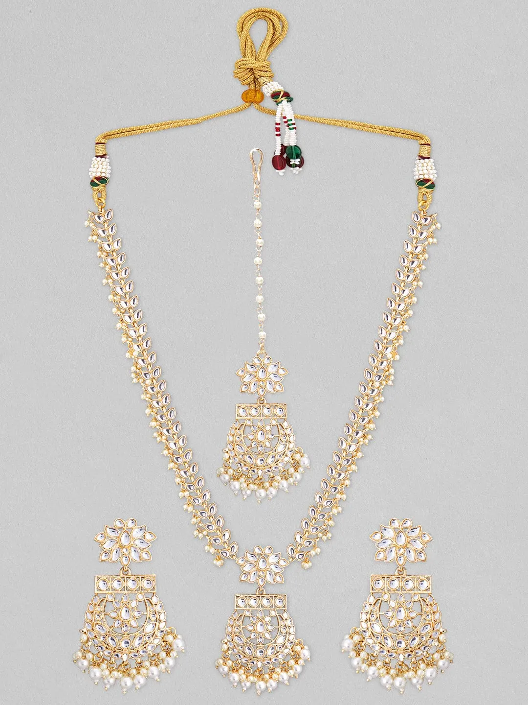 Rubans 22K Gold Plated Kundan Necklace Set With Kundan Studded And Hanging Pearls.