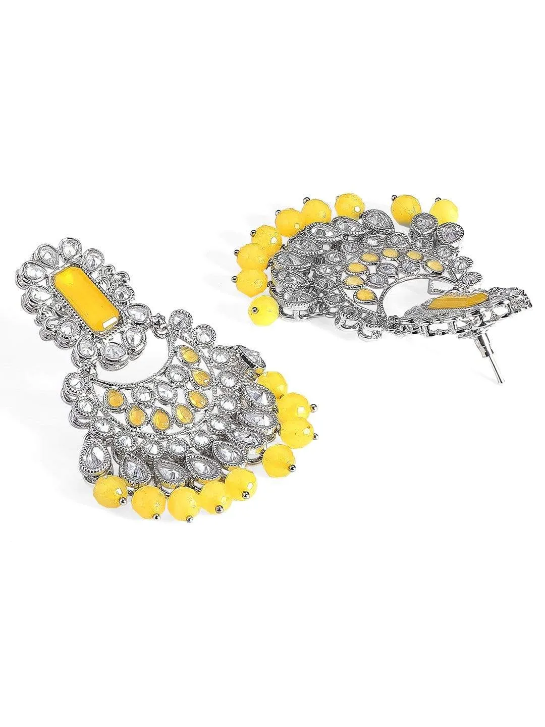 Rubans AD Studded Silver Plated Yellow Beaded Chandbali Earrings