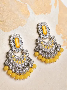 Rubans AD Studded Silver Plated Yellow Beaded Chandbali Earrings