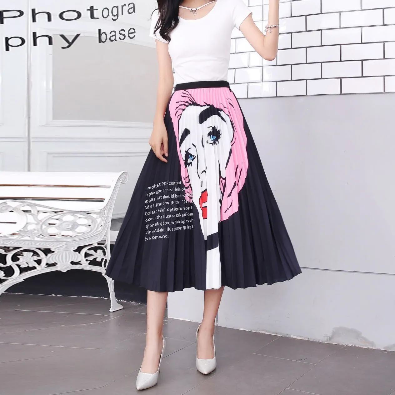 Skirt Women Europe Elastic Waist Pleated Printed Mid-Length Flare A-Line Skirt