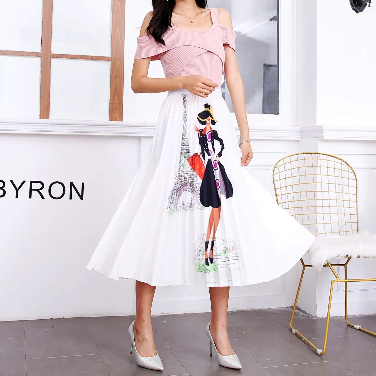 Skirt Women Europe Elastic Waist Pleated Printed Mid-Length Flare A-Line Skirt