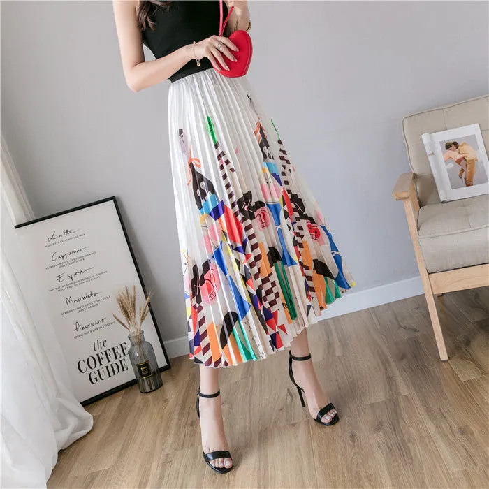 Skirt Women Europe Elastic Waist Pleated Printed Mid-Length Flare A-Line Skirt