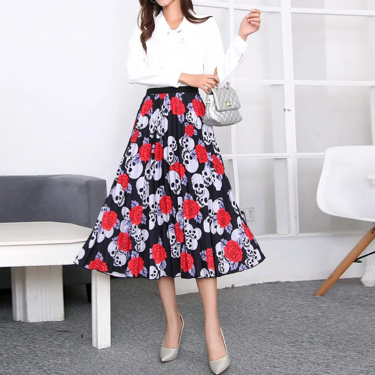 Skirt Women Europe Elastic Waist Pleated Printed Mid-Length Flare A-Line Skirt