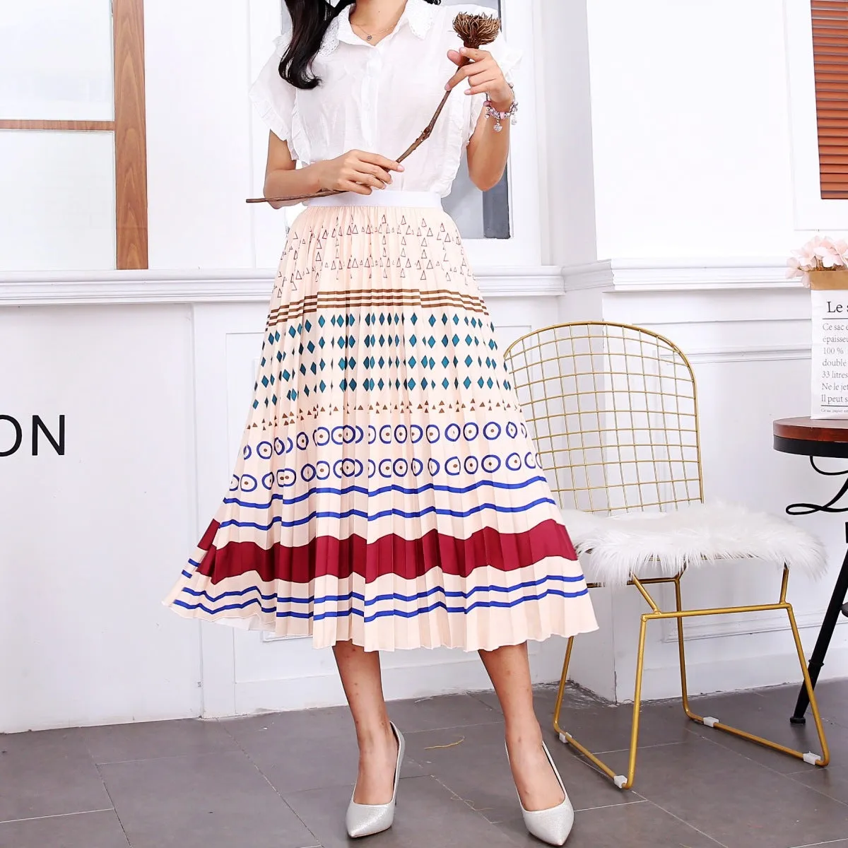 Skirt Women Europe Elastic Waist Pleated Printed Mid-Length Flare A-Line Skirt