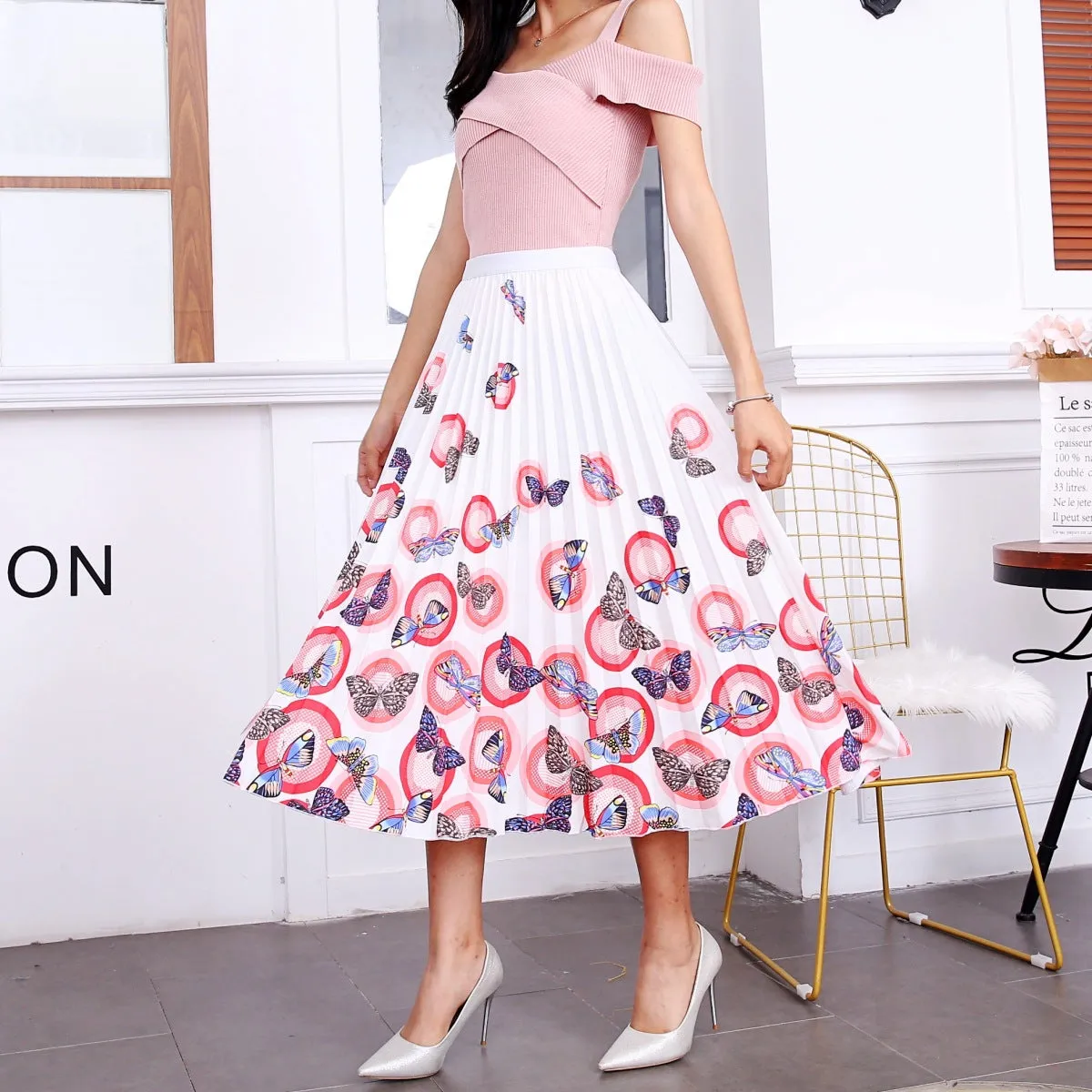 Skirt Women Europe Elastic Waist Pleated Printed Mid-Length Flare A-Line Skirt