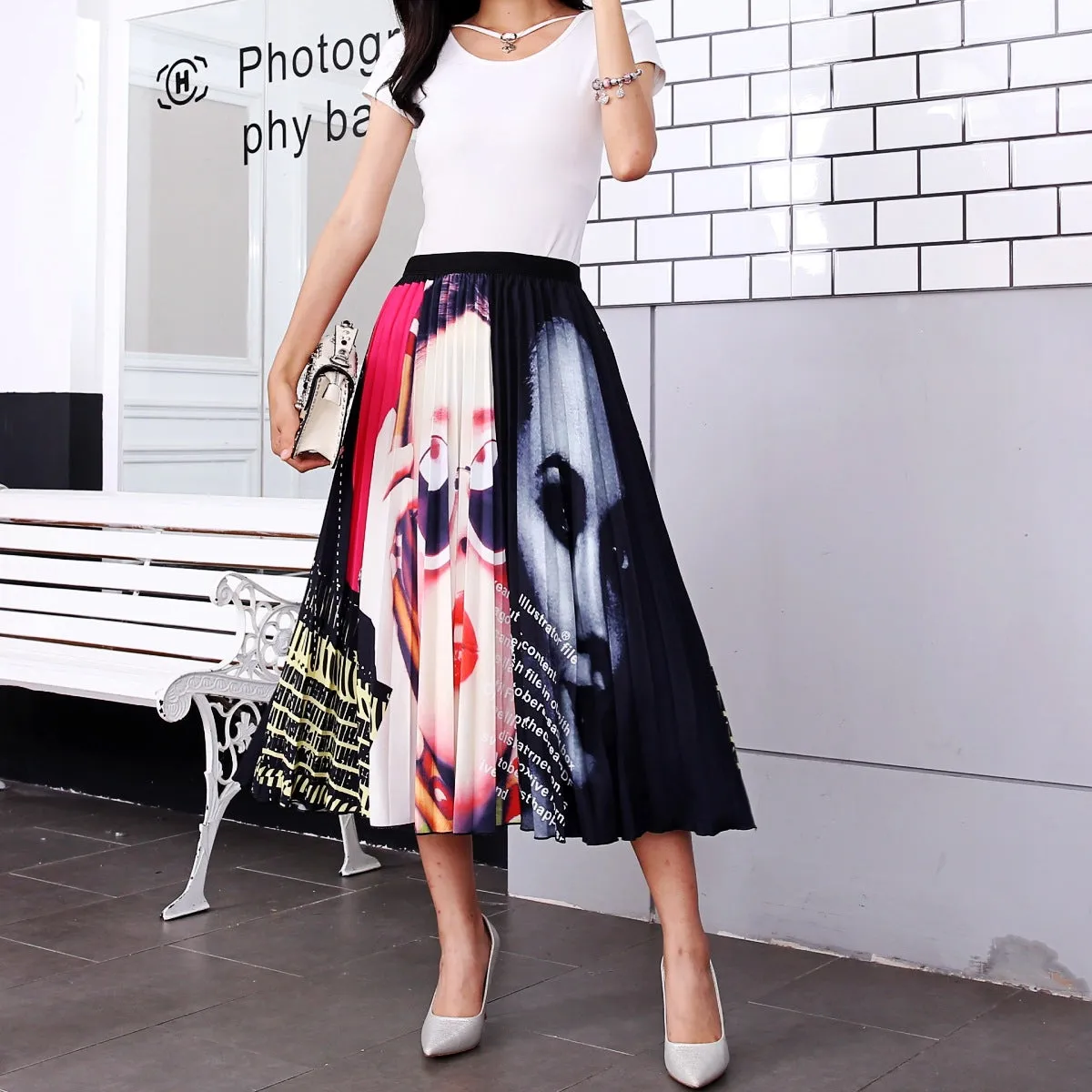 Skirt Women Europe Elastic Waist Pleated Printed Mid-Length Flare A-Line Skirt
