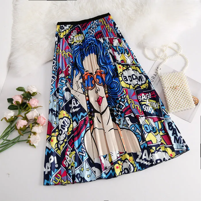 Skirt Women Europe Elastic Waist Pleated Printed Mid-Length Flare A-Line Skirt