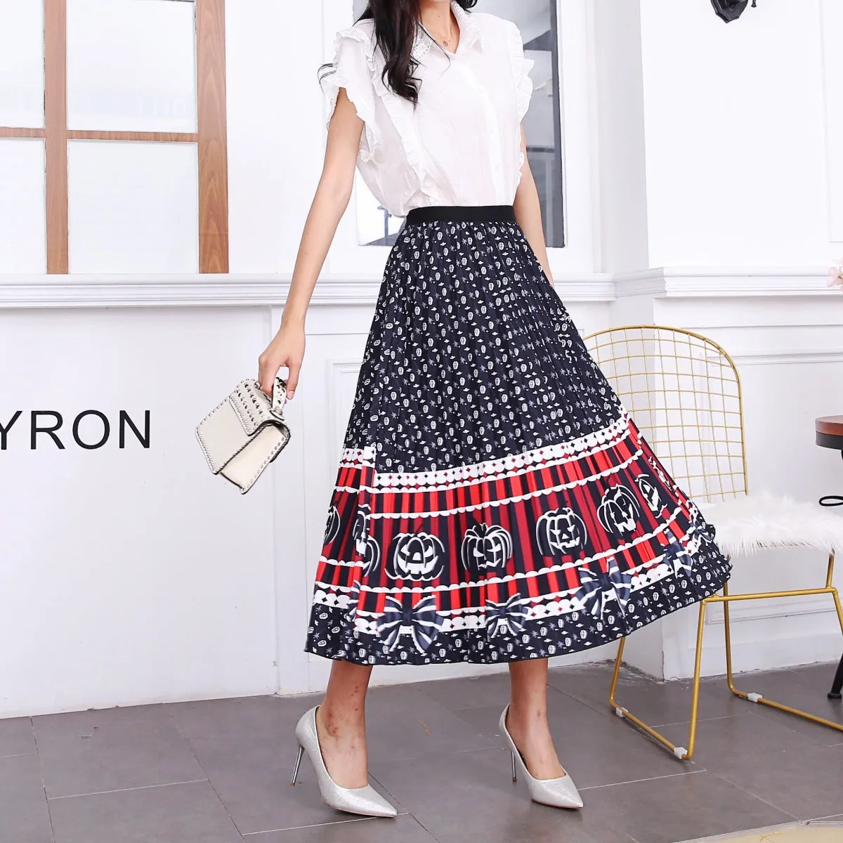 Skirt Women Europe Elastic Waist Pleated Printed Mid-Length Flare A-Line Skirt