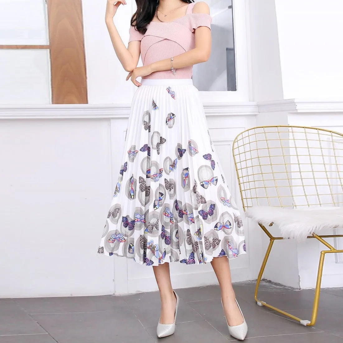 Skirt Women Europe Elastic Waist Pleated Printed Mid-Length Flare A-Line Skirt