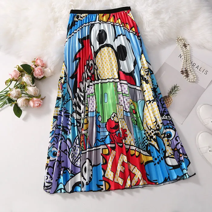 Skirt Women Europe Elastic Waist Pleated Printed Mid-Length Flare A-Line Skirt