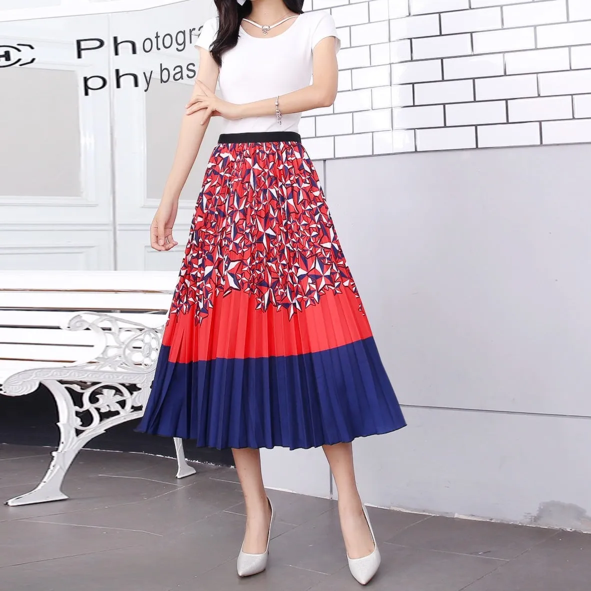 Skirt Women Europe Elastic Waist Pleated Printed Mid-Length Flare A-Line Skirt