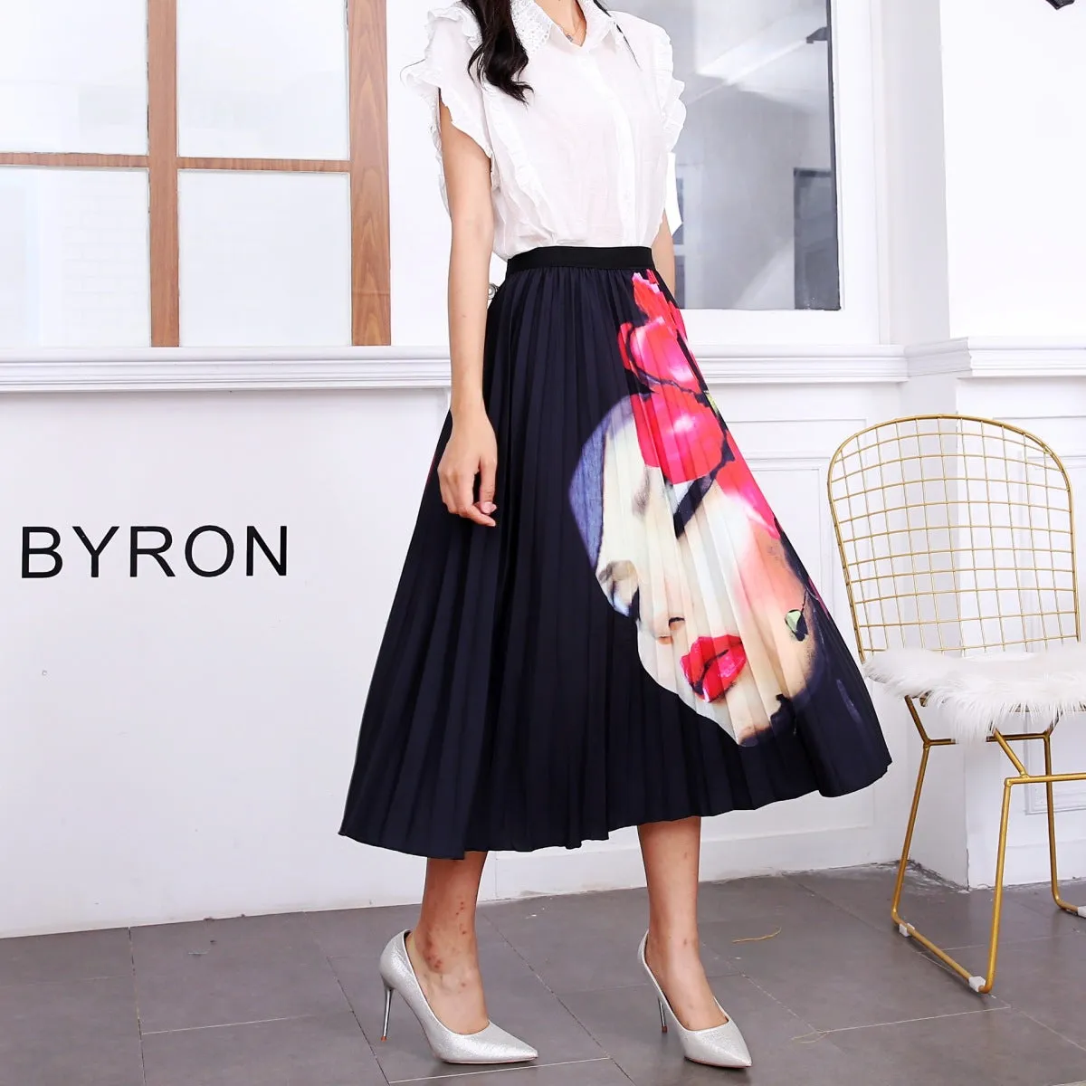 Skirt Women Europe Elastic Waist Pleated Printed Mid-Length Flare A-Line Skirt