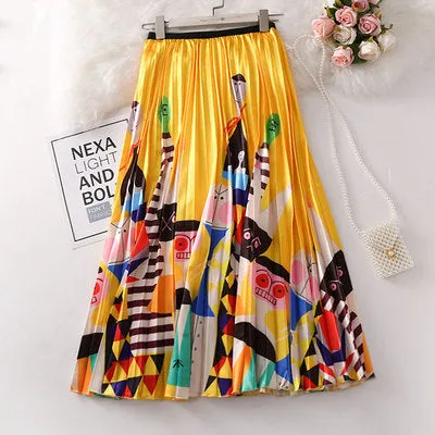 Skirt Women Europe Elastic Waist Pleated Printed Mid-Length Flare A-Line Skirt
