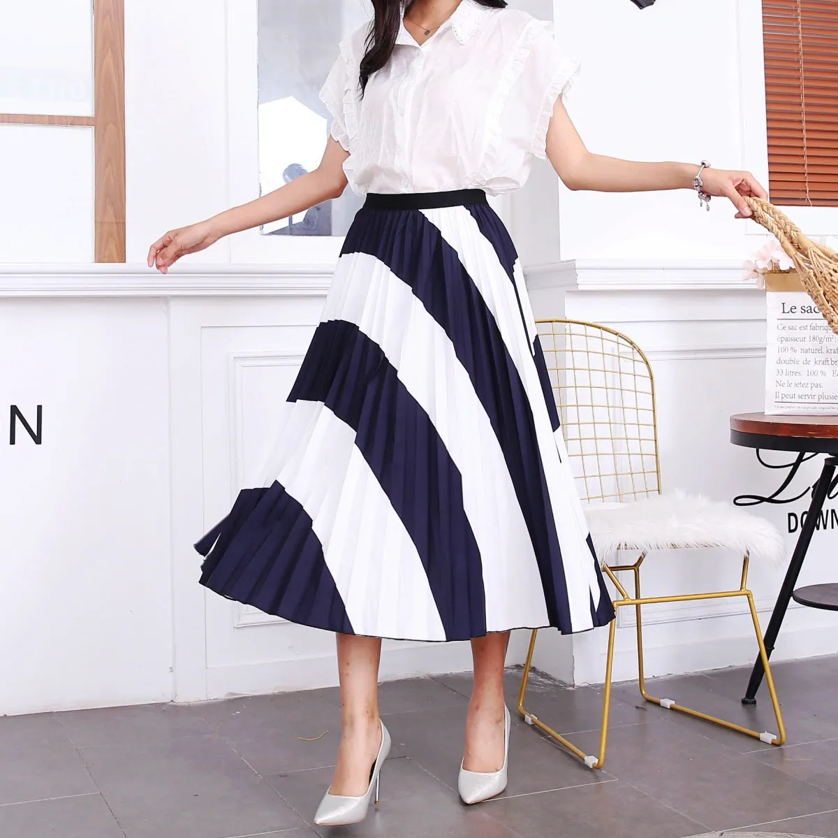 Skirt Women Europe Elastic Waist Pleated Printed Mid-Length Flare A-Line Skirt
