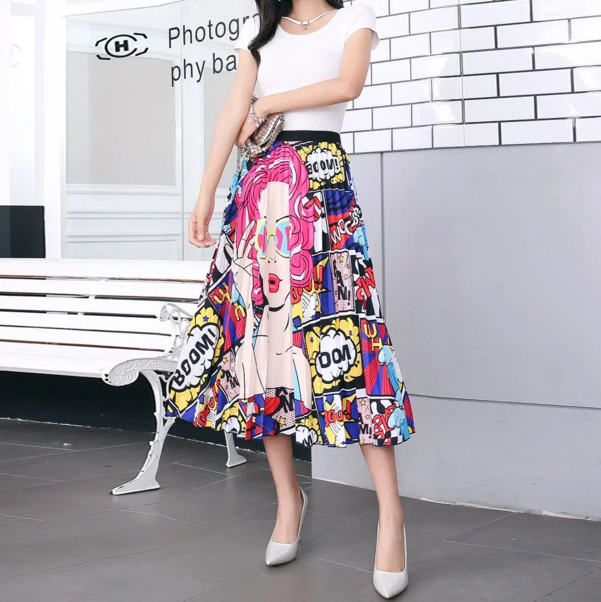 Skirt Women Europe Elastic Waist Pleated Printed Mid-Length Flare A-Line Skirt