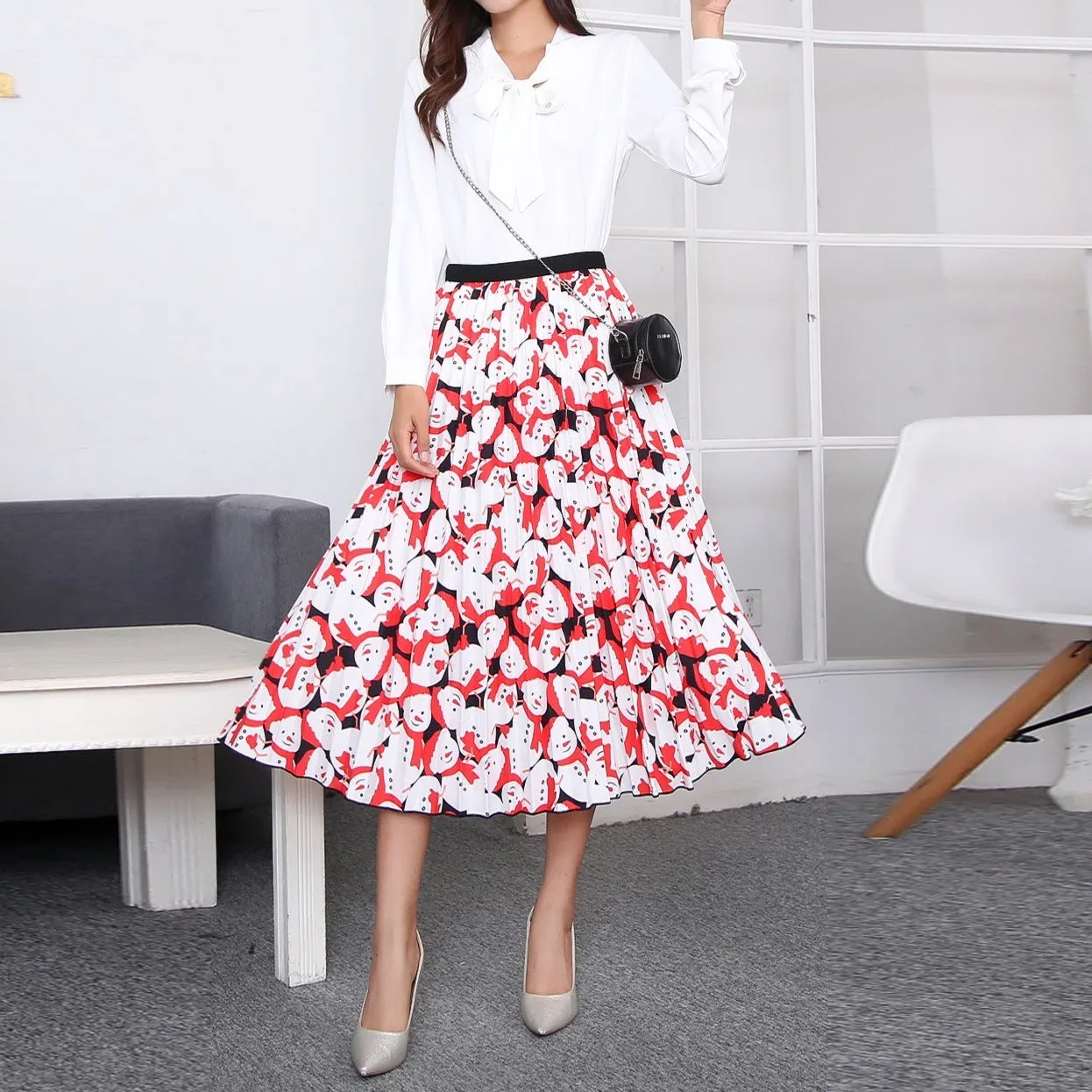 Skirt Women Europe Elastic Waist Pleated Printed Mid-Length Flare A-Line Skirt