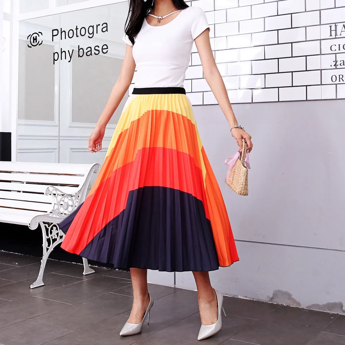 Skirt Women Europe Elastic Waist Pleated Printed Mid-Length Flare A-Line Skirt