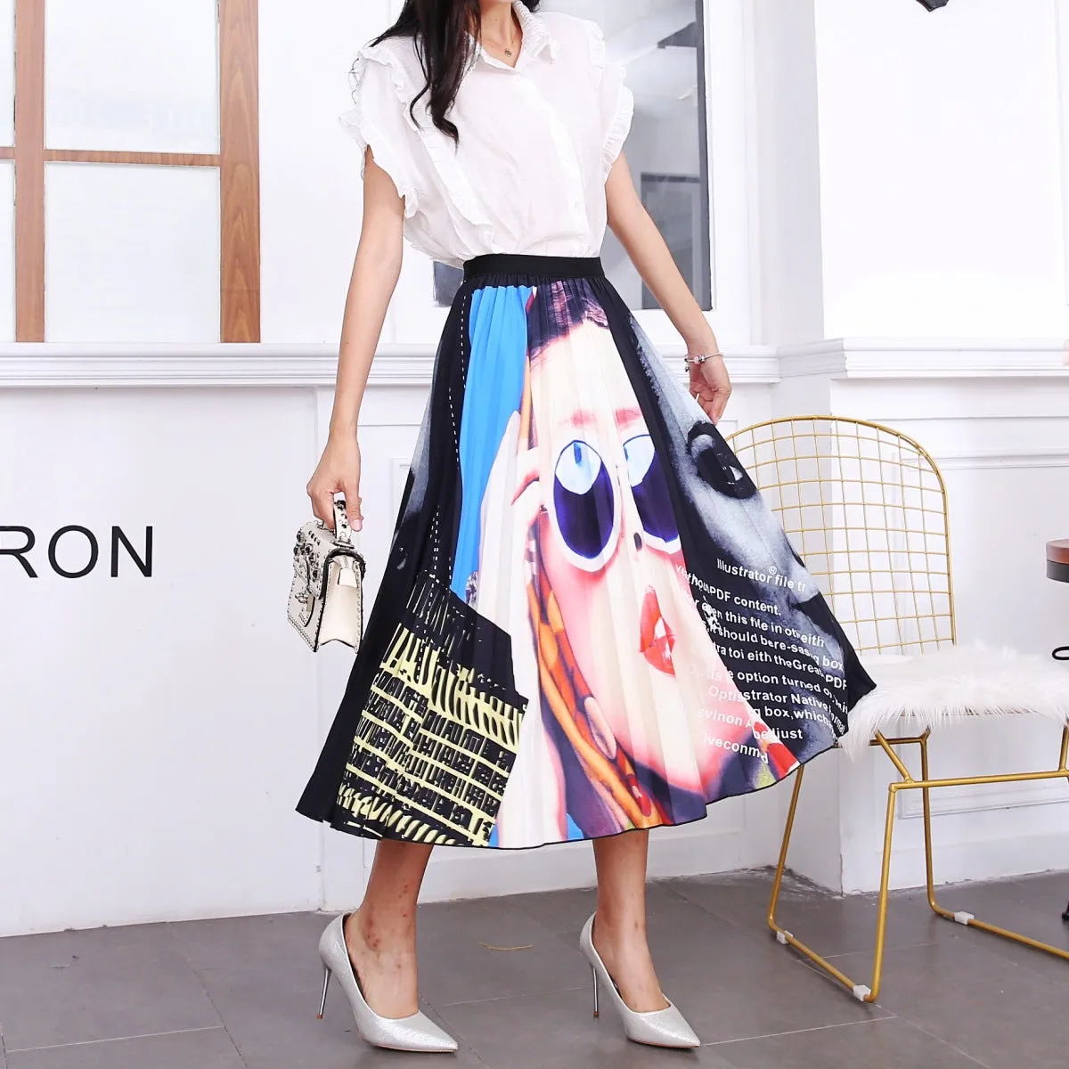 Skirt Women Europe Elastic Waist Pleated Printed Mid-Length Flare A-Line Skirt