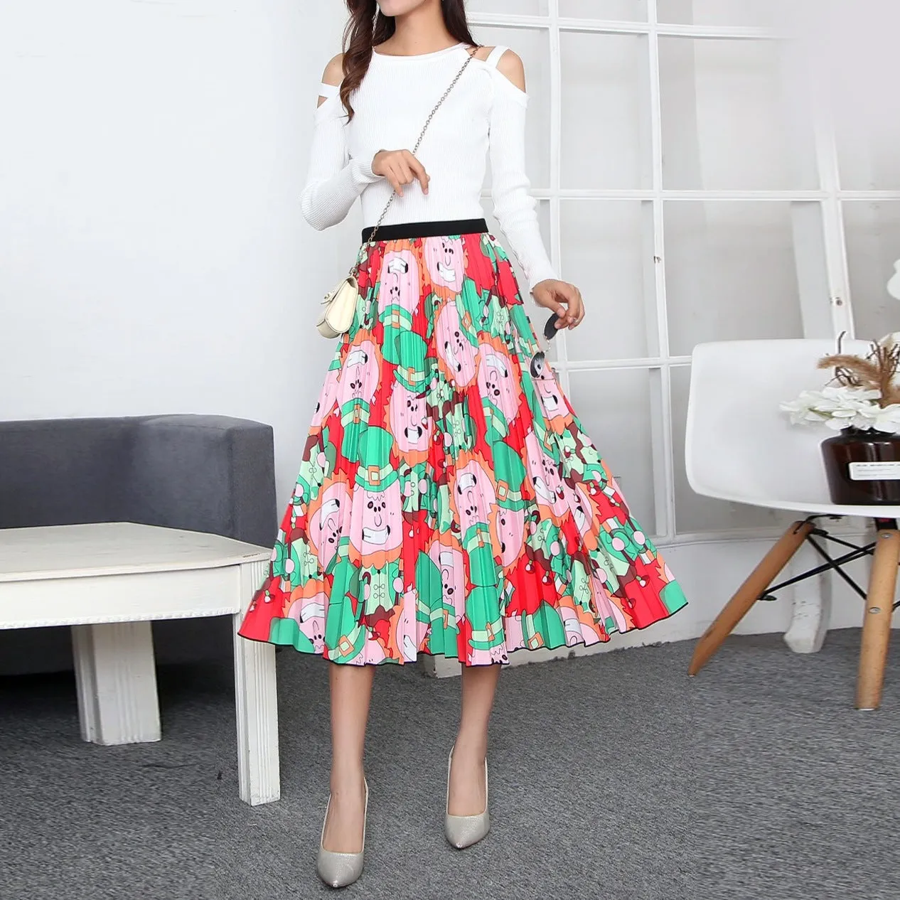 Skirt Women Europe Elastic Waist Pleated Printed Mid-Length Flare A-Line Skirt