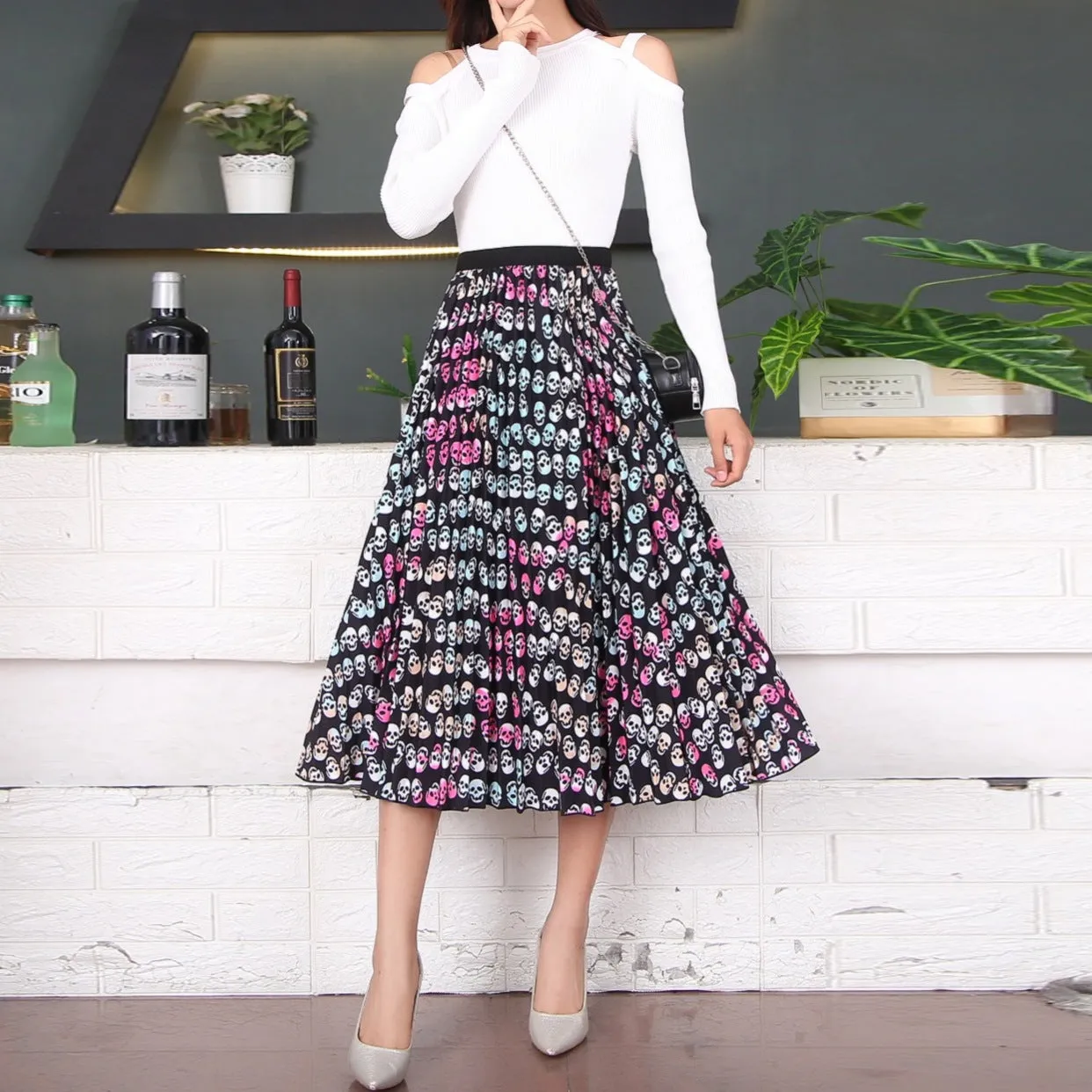 Skirt Women Europe Elastic Waist Pleated Printed Mid-Length Flare A-Line Skirt