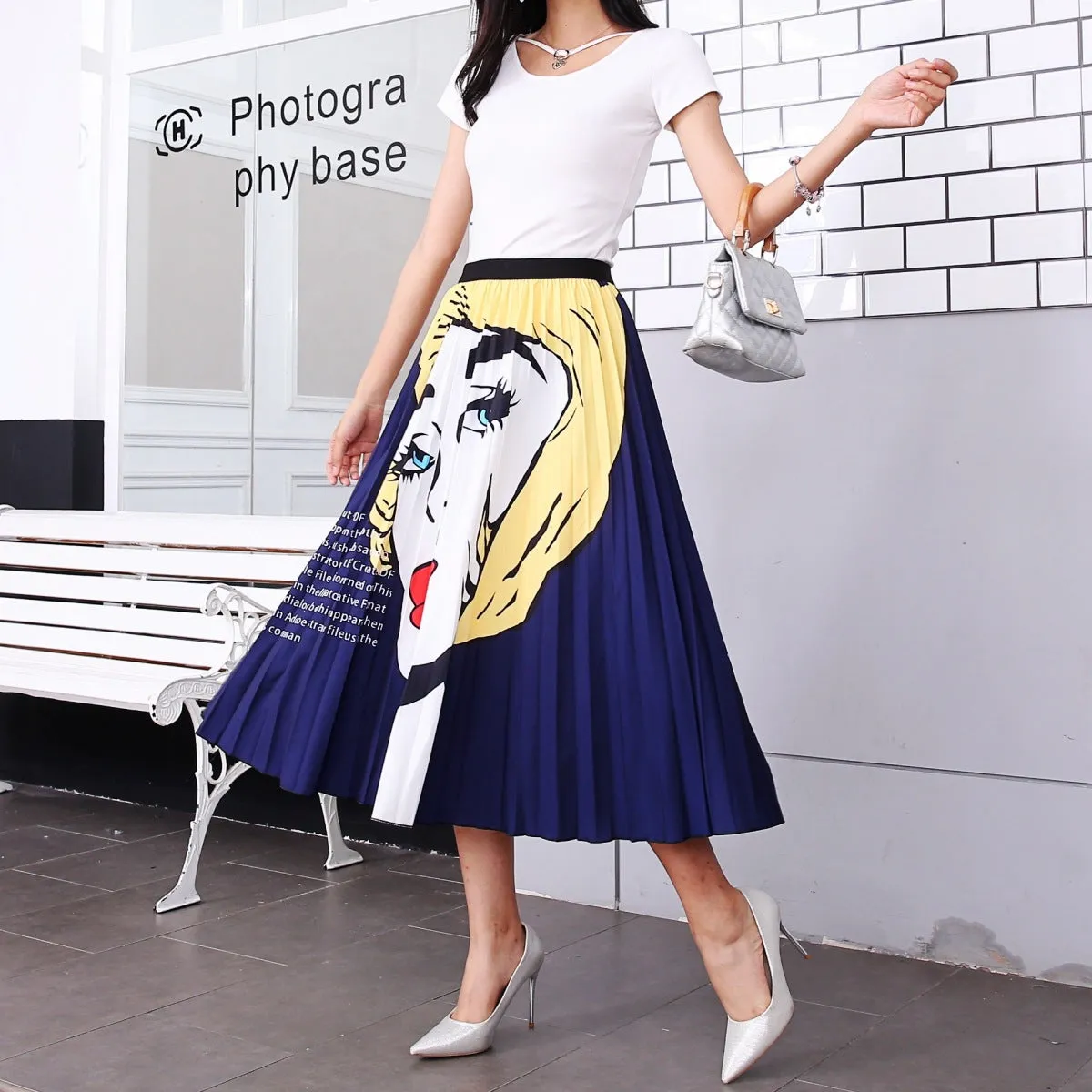 Skirt Women Europe Elastic Waist Pleated Printed Mid-Length Flare A-Line Skirt