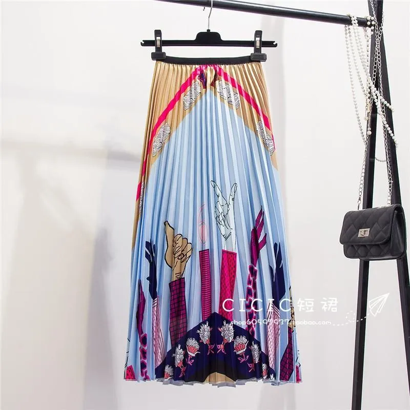 Skirt Women Europe Elastic Waist Pleated Printed Mid-Length Flare A-Line Skirt
