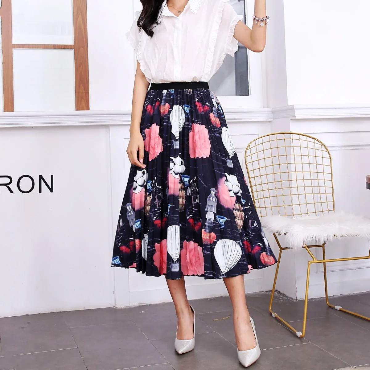 Skirt Women Europe Elastic Waist Pleated Printed Mid-Length Flare A-Line Skirt