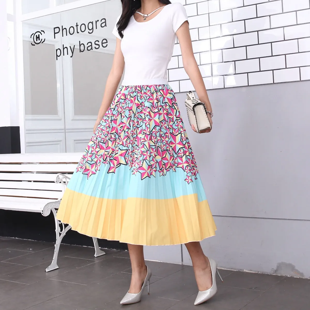 Skirt Women Europe Elastic Waist Pleated Printed Mid-Length Flare A-Line Skirt