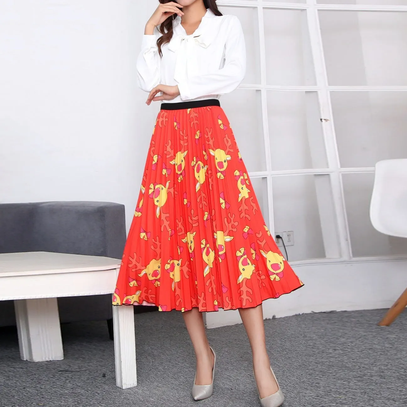 Skirt Women Europe Elastic Waist Pleated Printed Mid-Length Flare A-Line Skirt