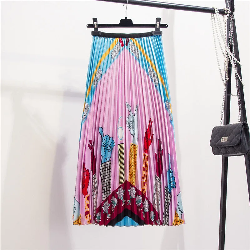 Skirt Women Europe Elastic Waist Pleated Printed Mid-Length Flare A-Line Skirt