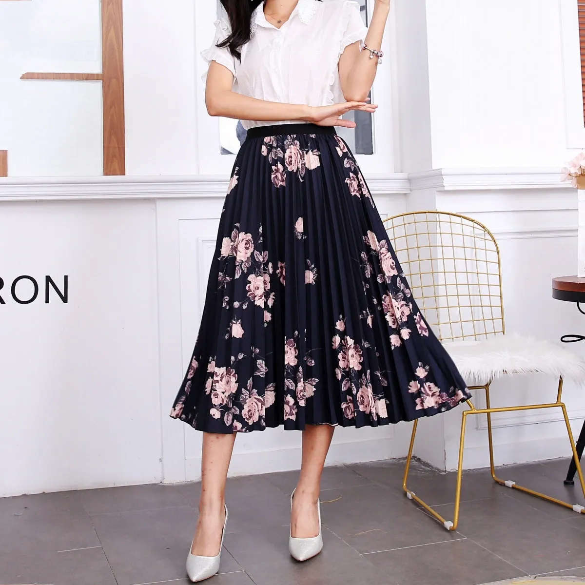 Skirt Women Europe Elastic Waist Pleated Printed Mid-Length Flare A-Line Skirt