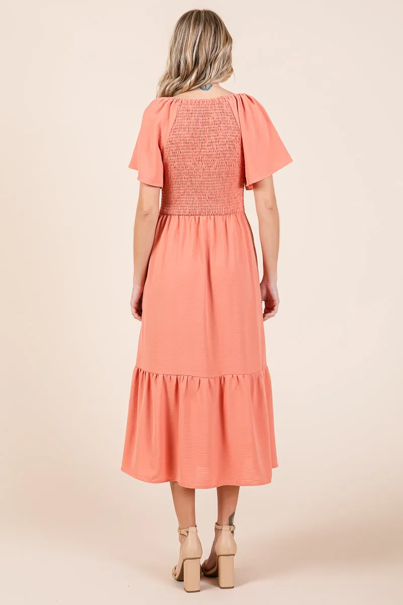 Smocked V Neck Flutter Sleeve Tiered Midi Dress