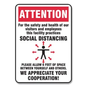 Social Distance Signs, Wall, 7 X 10, Visitors And Employees Distancing, Humans/arrows, Red/white, 10/pack