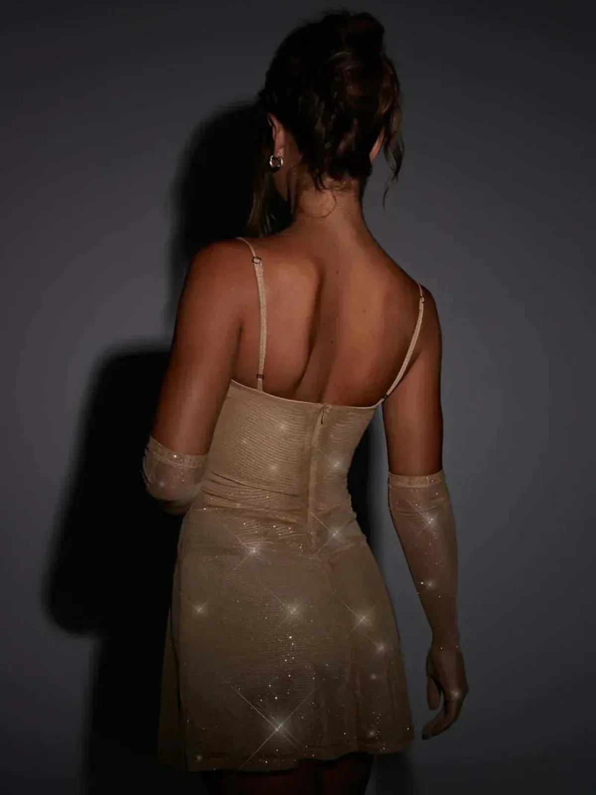Sparkling Mesh Slip Mini Dress with Side Slit