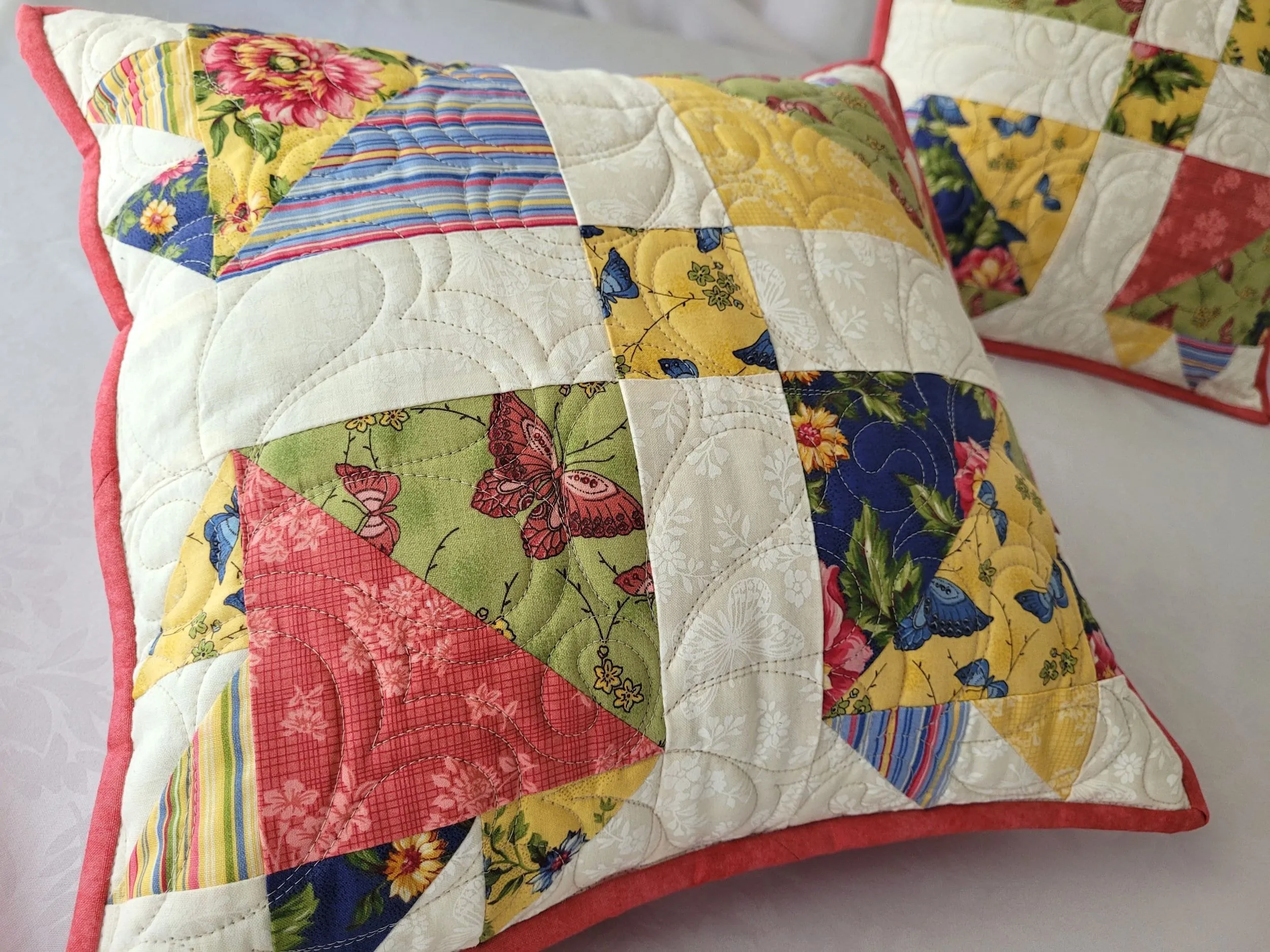 Summer Floral Quilted Pillow | Bear Paw Patchwork Throw Cushion