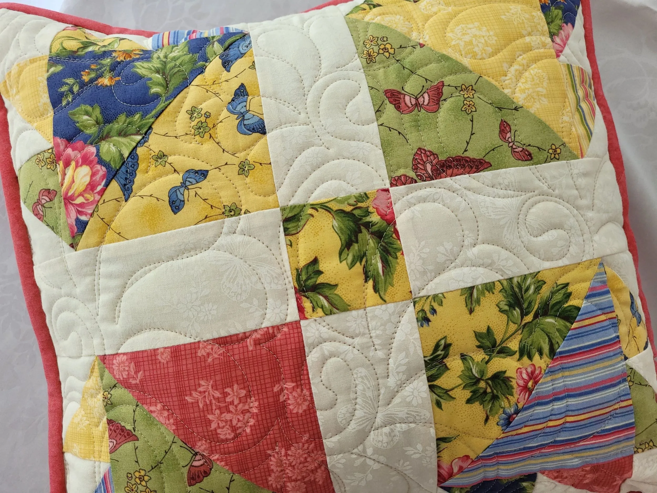 Summer Floral Quilted Pillow | Bear Paw Patchwork Throw Cushion