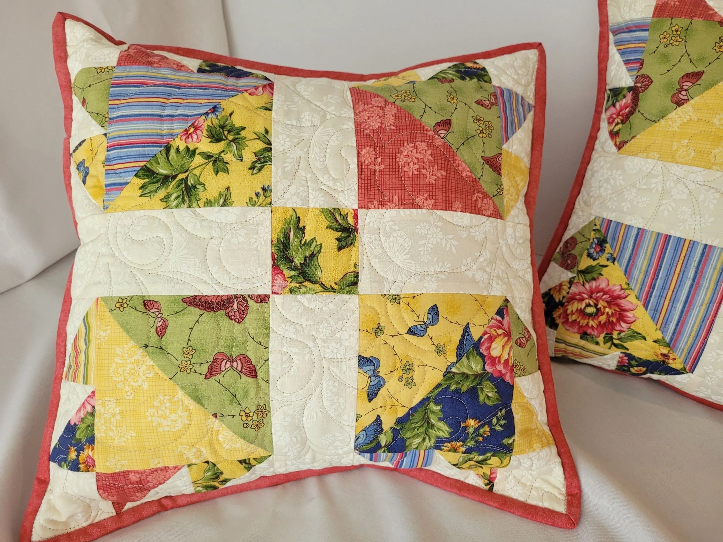 Summer Floral Quilted Pillow | Bear Paw Patchwork Throw Cushion