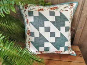 Teal Patchwork Pillow with Floral Border, 14 inch square Throw Cushion