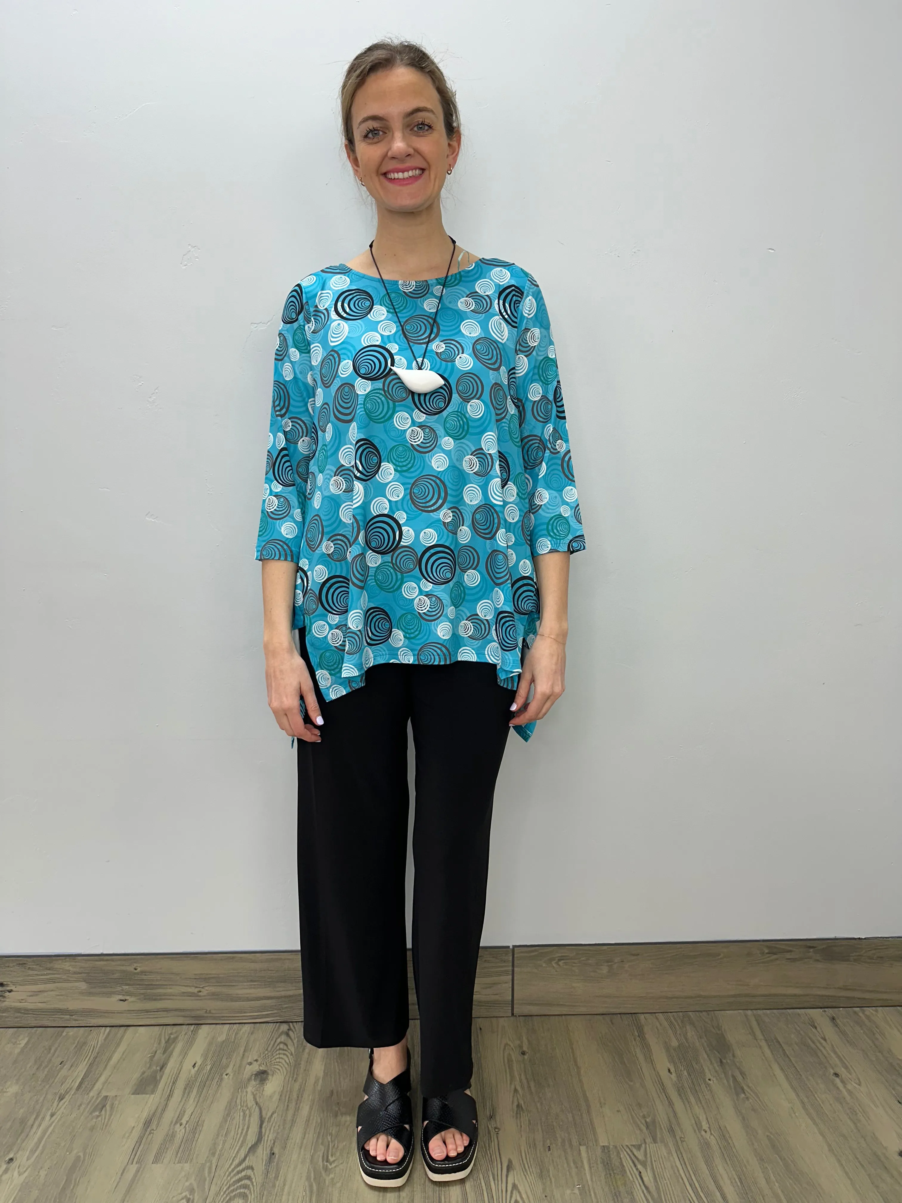 Teal Swirls 3/4 Sleeve Shark-bite Tunic