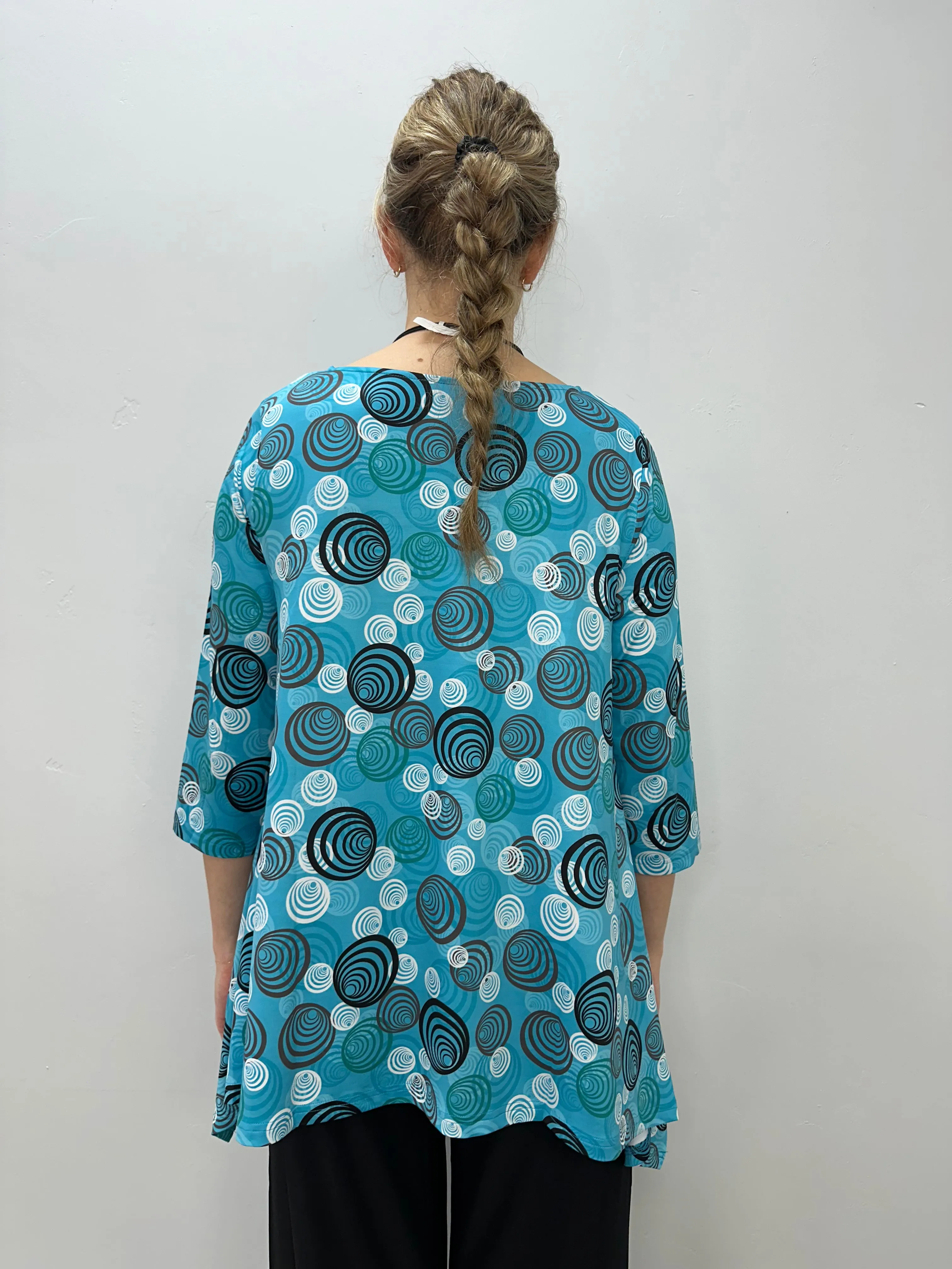Teal Swirls 3/4 Sleeve Shark-bite Tunic