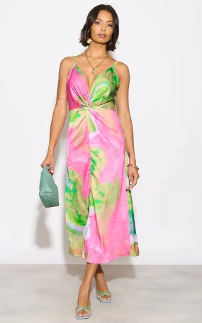Twist Satin Slip Cami Midi Dress in Ocean Fuchsia print