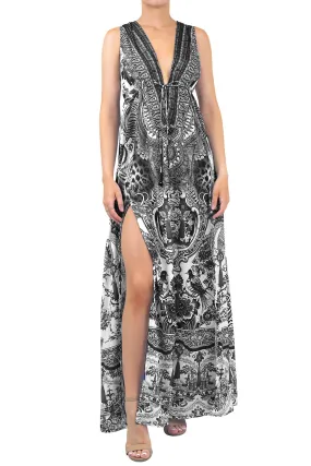 V Neck Long Dress in Black