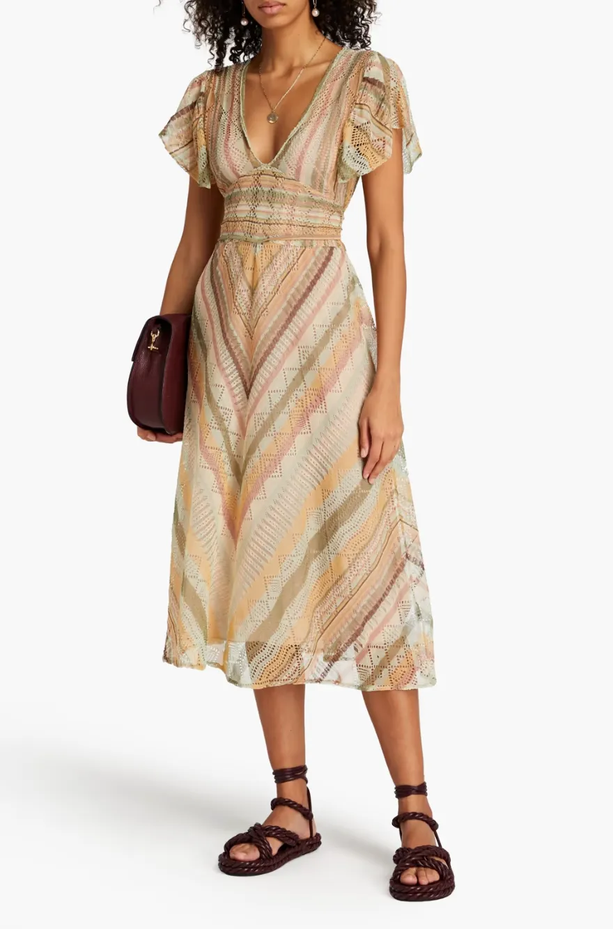 Valentino Tie-Back Striped Crochet-Knit Silk Midi Dress