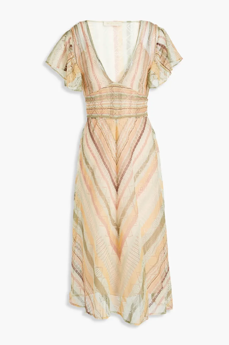 Valentino Tie-Back Striped Crochet-Knit Silk Midi Dress