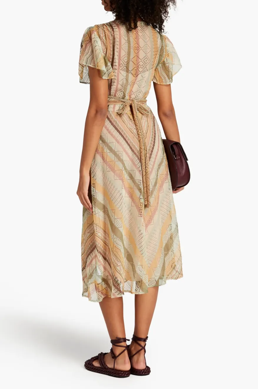 Valentino Tie-Back Striped Crochet-Knit Silk Midi Dress
