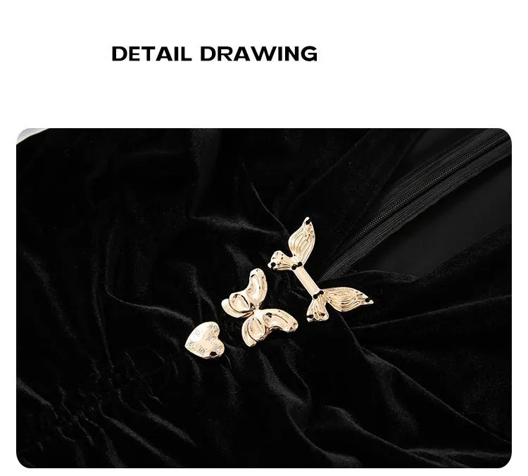 Velor Deep V Custom Butterfly Embellishment Buttoned Pleated Dress - Blu