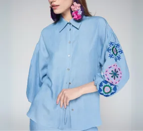 Vilagallo - Button Down Embroidered Long Sleeve Blouse in Light Blue