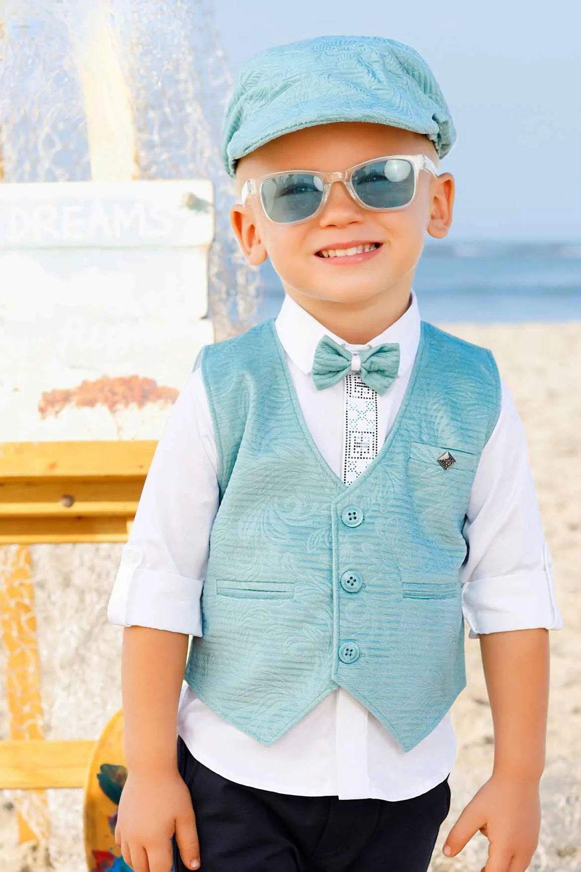 White Shirt And Pant Set With Overcoat And Bow For Boys