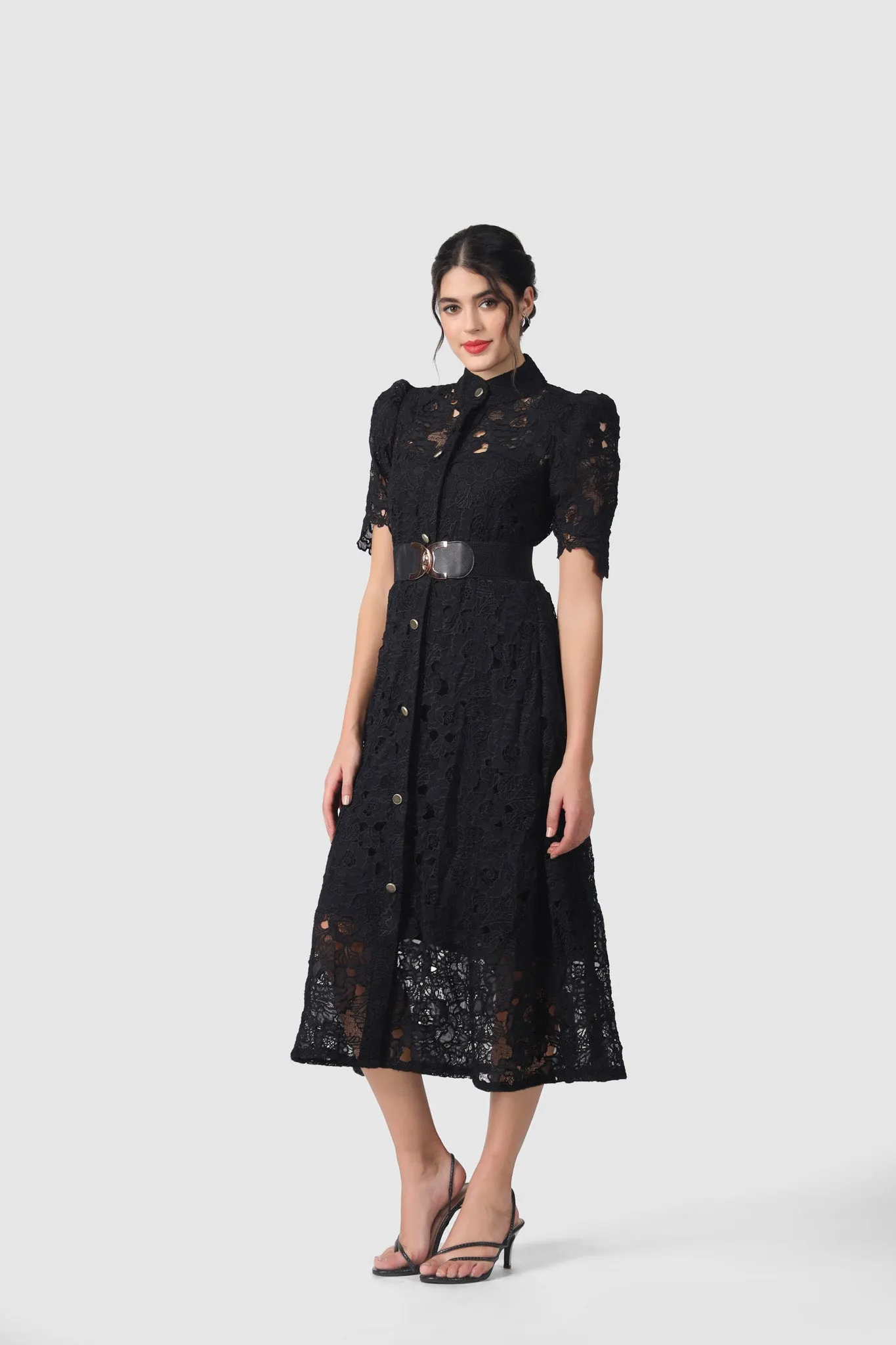 WILLOW LACE PUFF SLEEVE MIDI DRESS